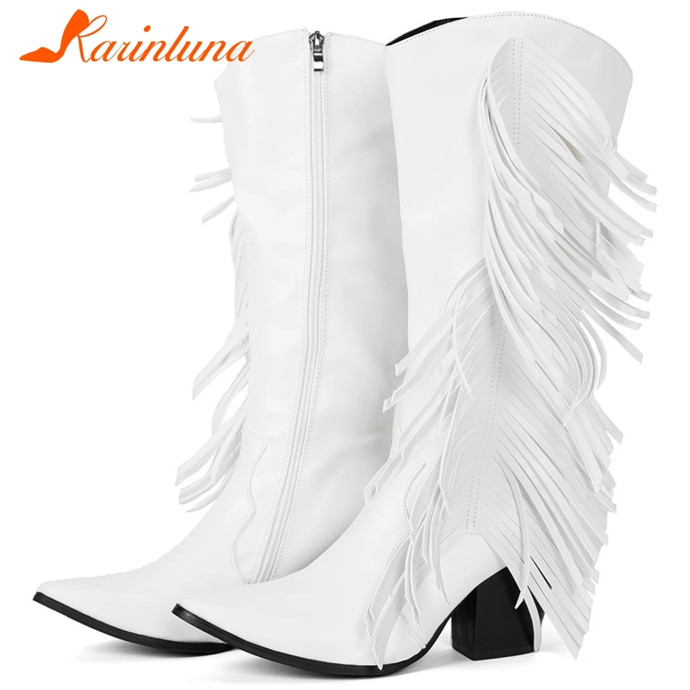 

KARINLUNA Brand Design Female Fashion Trendy Retro Boots Pointed Toe Chunky High Heels Fringe Women Boots Mid Calf Women Shoes