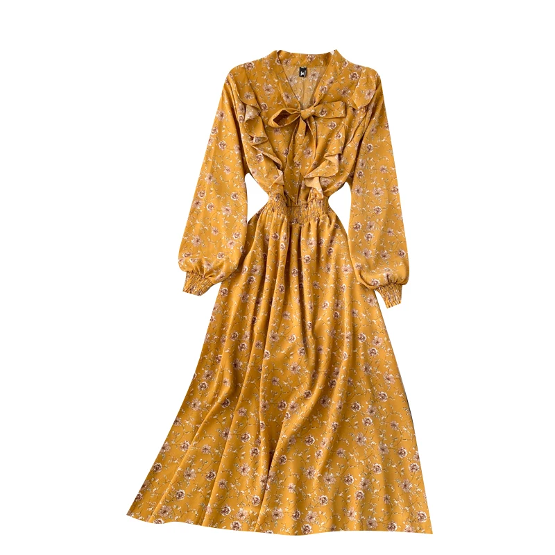 

Spring New Female Sweet Ruffled Slim Knee-Length Long Sleeve Vintage Floral Elastic Waist Women's Dress