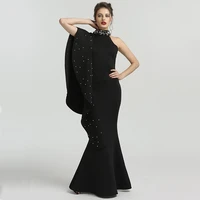 black high neck mermaid evening dresses 2022 elegant pearls sleeveless long prom formal gown arabic vestidos robe de soiree