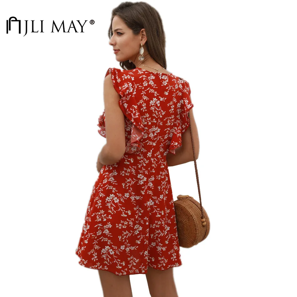 

JLI MAY Women Mini Dress Floral Print O-Neck Petal Sleeve Patchwork Ruffles Empire Slim Summer loose Elegant Short Dresses