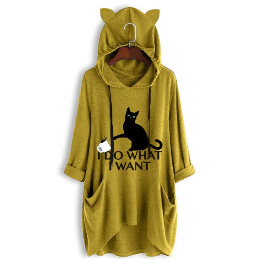 

Plus Size Autumn Women Hoddies 5XL Casual Long Sleeve Loose Grey Fashion Pocket Cat Ears Print Oversized Sweatshirt Harajuku New