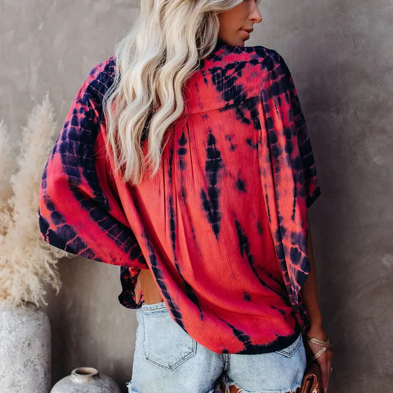 

Women Blouses Elegant Bat Sleeve Tie Dye Print Buttoned V Neck Stitching Shirt Summer New Casual Loose Oversize Ladies Top Shirt