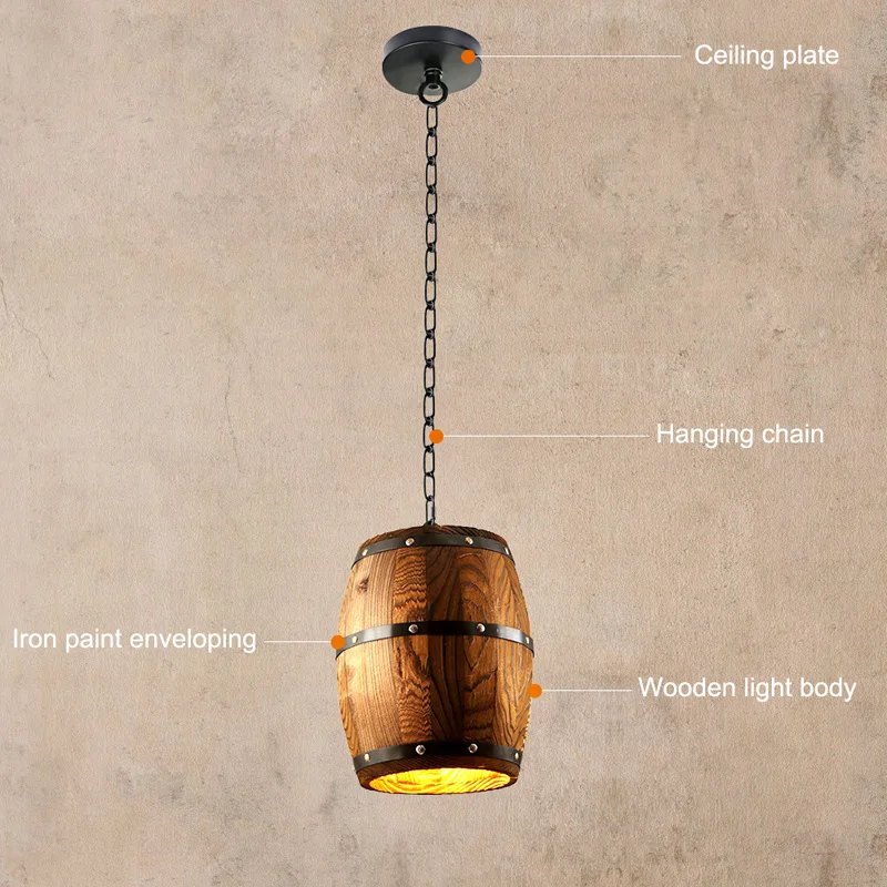 

LED Wood Wine Living Room Barrel Pendant Light Indoor Lighting Vintage Style Hanging Lamp For Restaurant Bar Decor Light Fixture