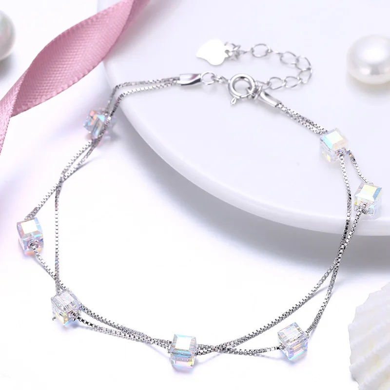 Sugar Cube Crystal Double Layer Bracelets Real 925 Sterling Silver Charm Fine Jewelry Romantic Accessories | Украшения и