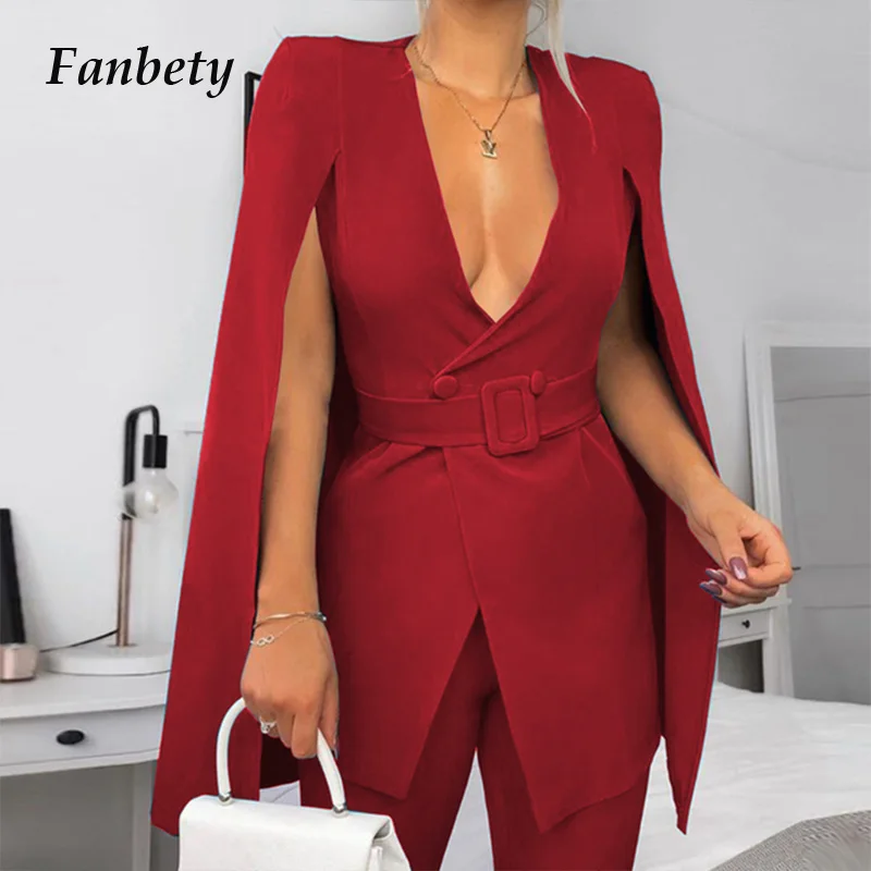 

Elegant Office Lady Long Cape Sleeve With Belt New Fashion Slit Cloak Workwear Blazer Jacket Sexy V Neck Women Party Poncho Coat