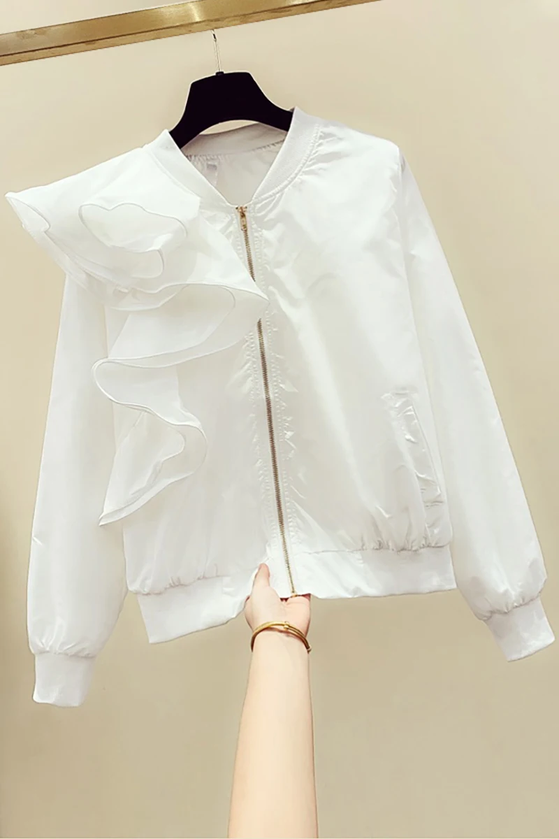 

New Korean Autumn Jacket Woman Short Jacket Loose Zipper V Collar Lotus-leaf Small Jackets Coat Girls Lady Slim Coats Mujer 2019