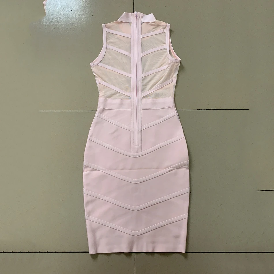 

2020 Summer New Women'S Pink O-Neck Sleeveless Mesh Bandage Dress Bodycon Celebrity Club Party Dress Vestidos