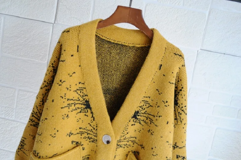 Осень Зима вязаные Желтые свитера женский кардиган 2019 корейский v-образный вырез