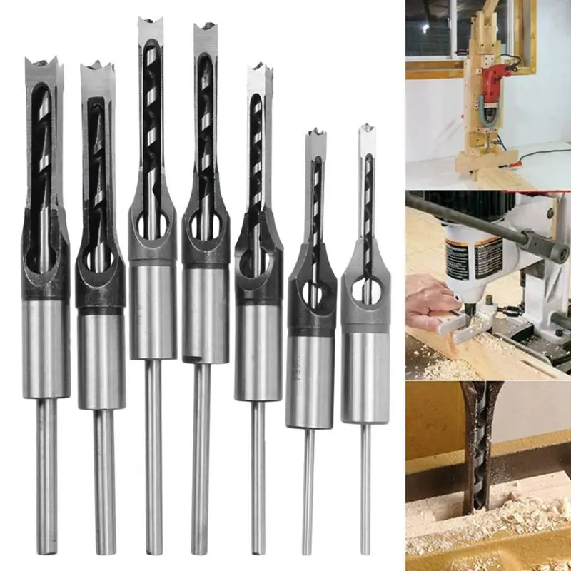 

7pcs 1/4 to 1/2 Square Hole Drill Bit 45 Steel Mortising Drilling Woodworking Tools