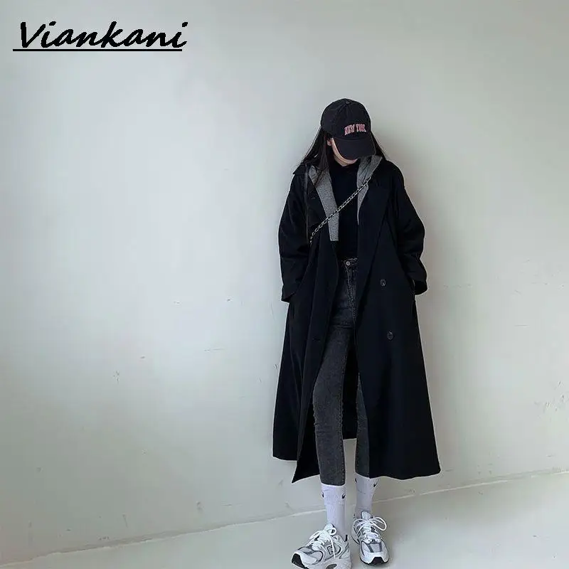 

Windbreaker jacket for women preppy 2021 hit color mid-length Korean black casual spring autumn coat gothic female long jackets