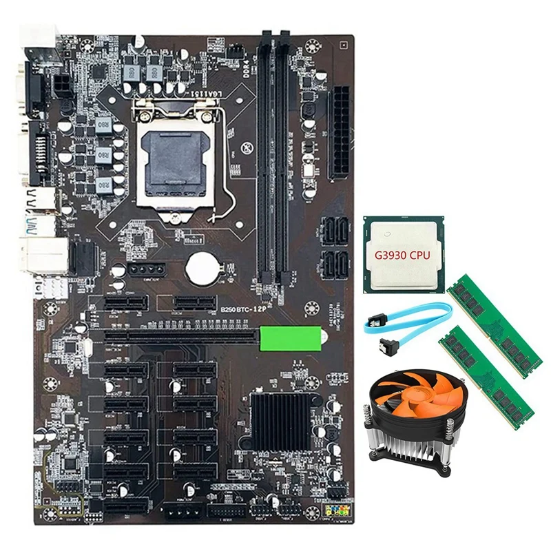 

B250 BTC Mining Motherboard LGA 1151 with 2XDDR4 4G 2666MHZ RAM+G3930 CPU+Cooling Fan+SATA Cable 12XPCIE to USB3.0 GPU