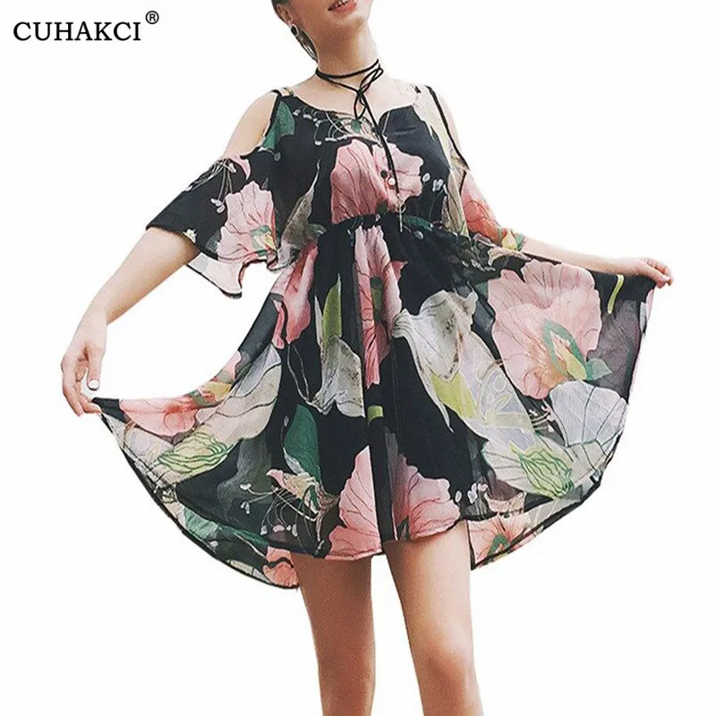 

CUHAKCI Floral Print Sundress Women Dresses Summer V Neck Boho Beach Off Shoulder Short Sleeve A Line Wrap Casual Mini Dress