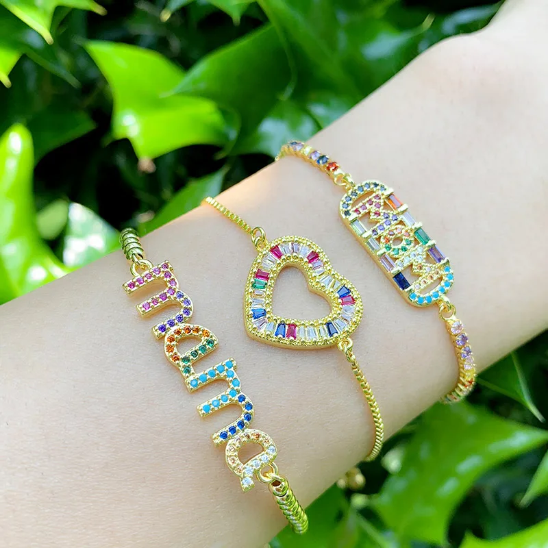 

Zirconia Rainbow MaMa MoM Bracelets For Women With Stone Multicolor Heart Charms Bracelet Adjustable Women Jewelry Gifts brtc25