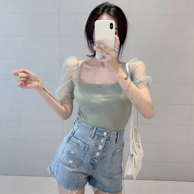 

Jlong Casual Mesh Short Sleeve T Shirt Women Knitted Tops Korean Sexy T Shirts