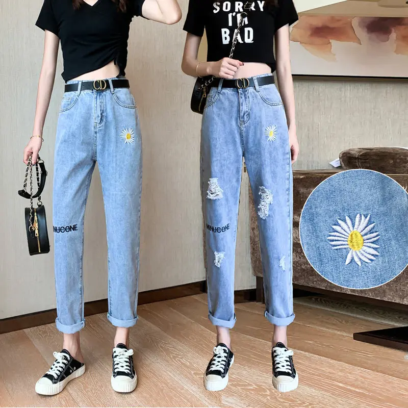 

Jeans for Women High Waist Jeans Woman plus size Jeans female washed denim Ankle-Length pants embroidery jeans hole jeans women