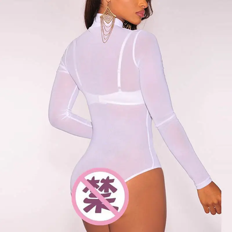 

Top T-Shirt Turtle Neck Sheer Net Mesh Long Sleeve Fish Women Blouse See Crop