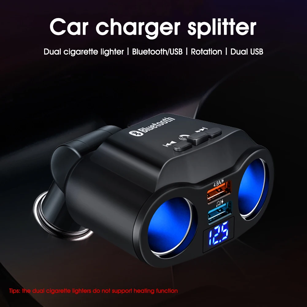 

Cigarette Lighter Splitter 90W 12V/24V Bluetooth USB Car Charger, 2 Sockets with LED Voltage Display