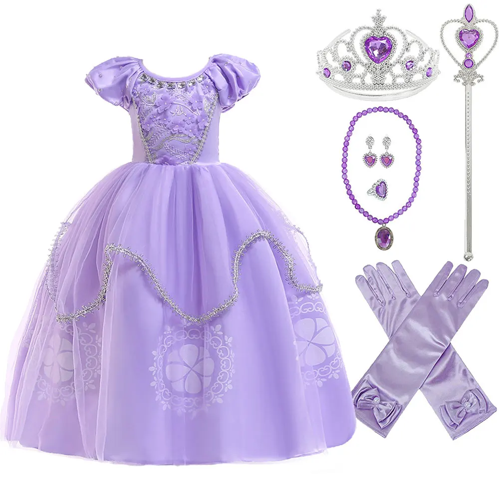 Purple  Princess Sofia Dress for Girl Kids Cosplay Costume Puff Sleeve Layerd Dresses Child Party Birthday Sophia Fancy Costumes