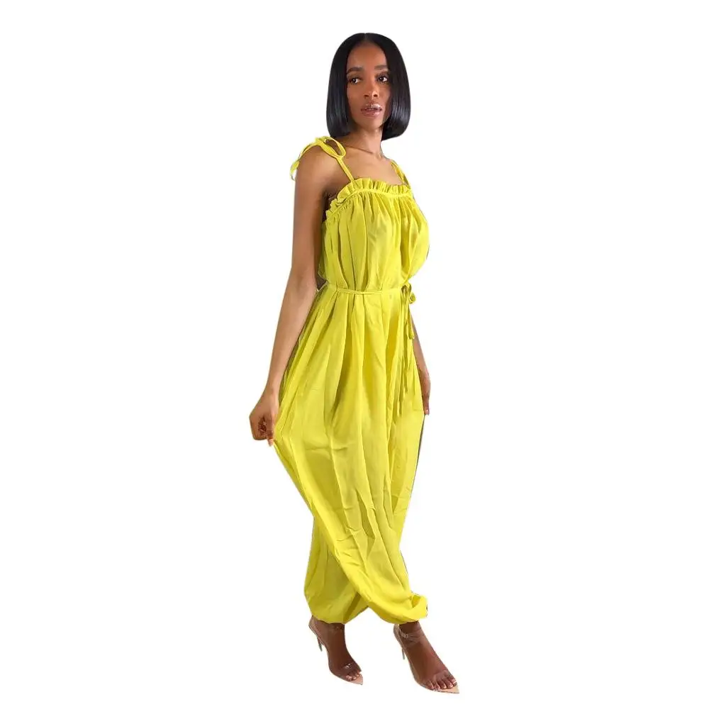 

2020 Hot Sale Summer Casual Women Yellow Spaghetti Strap Loose Bandage Leg Rompers Bohemian Style Ladies Rompers With Sashes
