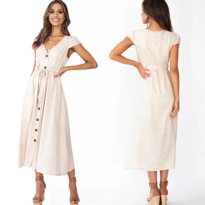 

Новое летнее женское платье с высокой талией и v-образным вырезом, повседневное однобортное длинное платье со шнуровкой и бантом