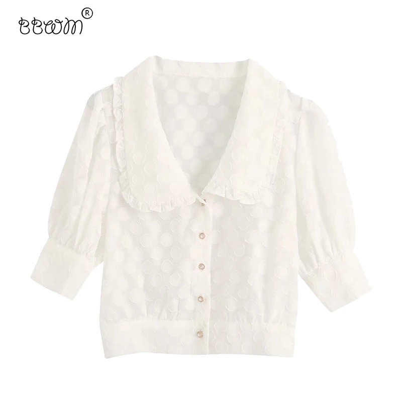 

2020 Women Sweet Fashion Jacquard Ruffles Short Blouses Vintage Puff Sleeves Buttons Shirts Girls Chic Tops