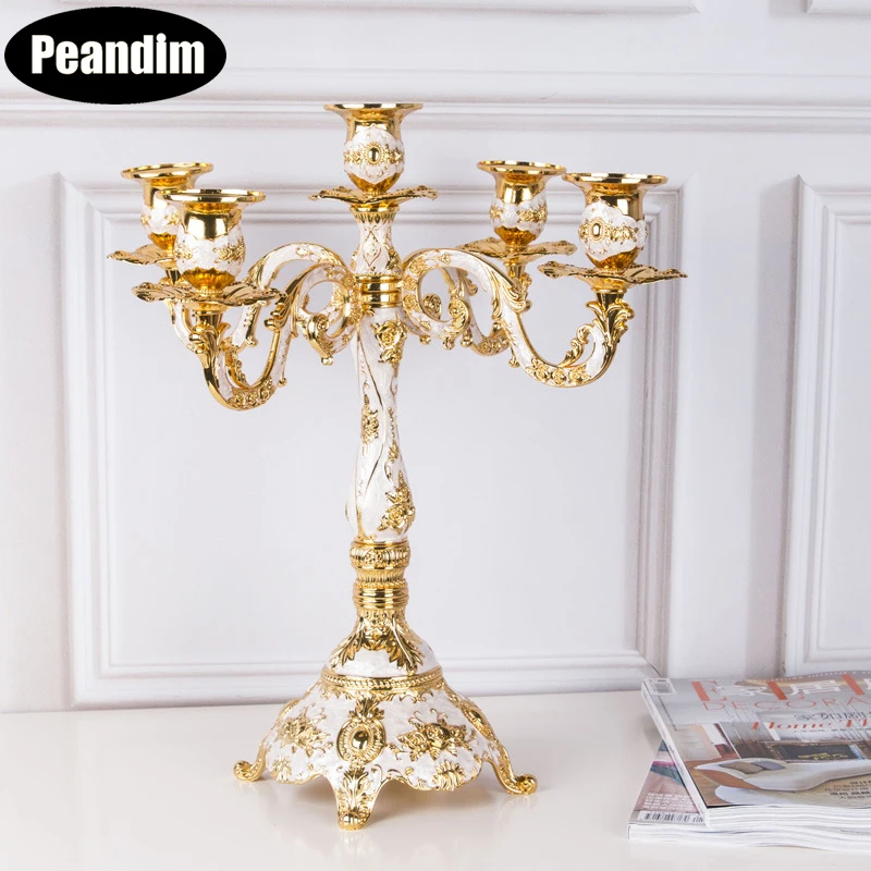 PEANDIM Luxury 5-arms Shiny Gold Plated Candle Holders Wedding Centerpiece Candlestick Holder Party Anniversary Home Decorations