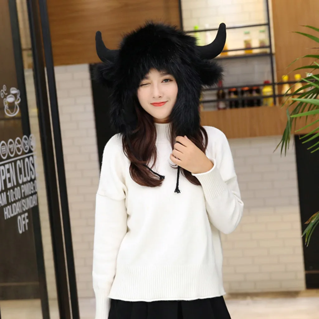 2019 зимняя очень теплая Милая мультяшная шапка с рогами для взрослых меховая