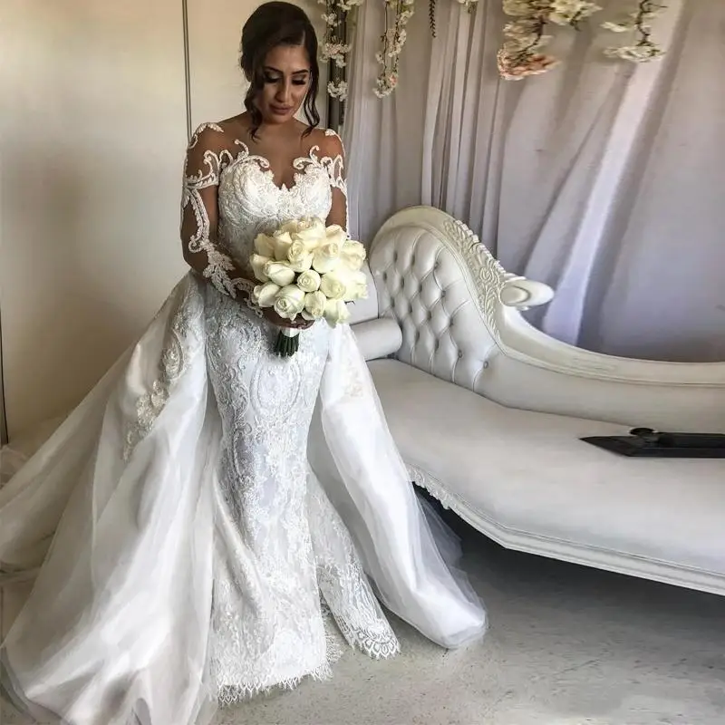 

Lace Mermaid Wedding Dresses Bridal Gowns Detachable Train 2022 Sheer Long Sleeve Appliqued Beaded Vestidos De Novia Chapel