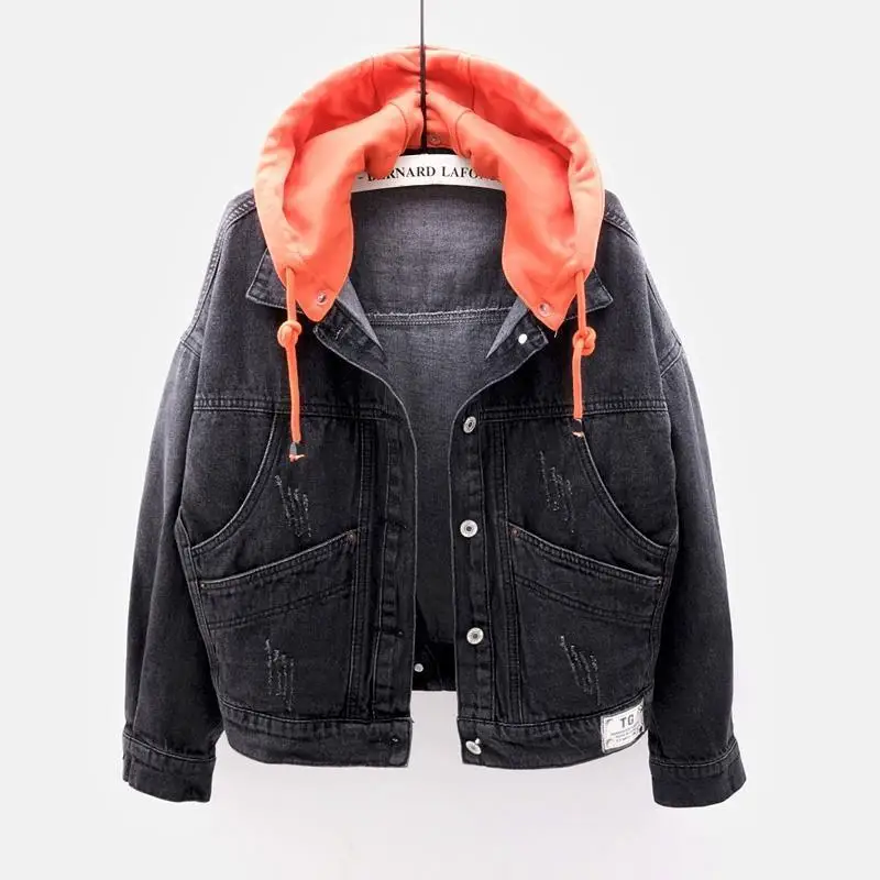 

2021 Korean Spring Autumn Cropped Denim Top Women Short Long Sleeve Hooded Jeans Jacket Pocket Oversized Jean Jackets Coats