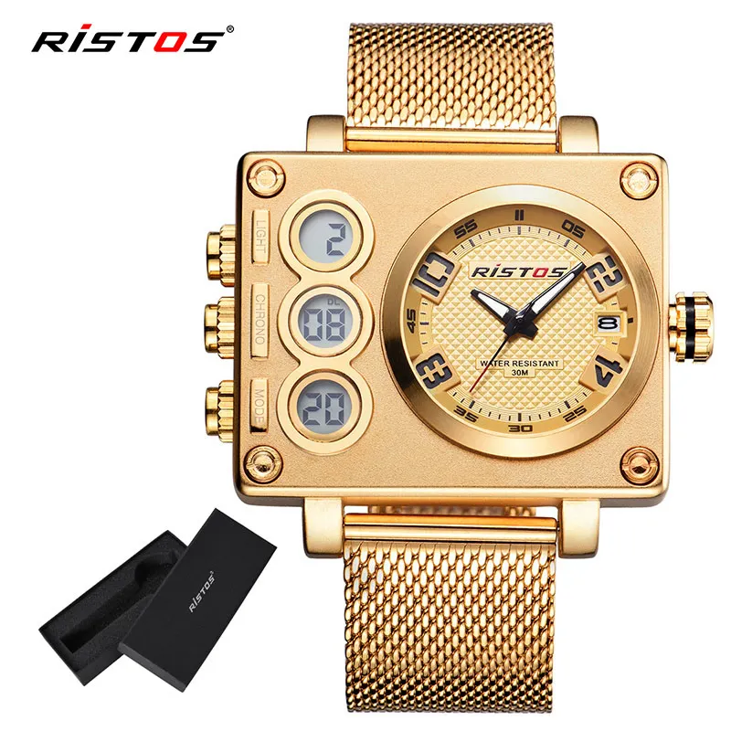 Gold Box RISTOS, Топ бренд, повседневные многофункциональные мужские спортивные часы с хронографом, Цифровые мужские наручные часы, Relojes Masculino Hombre 9362 - Цвет: Gold Box
