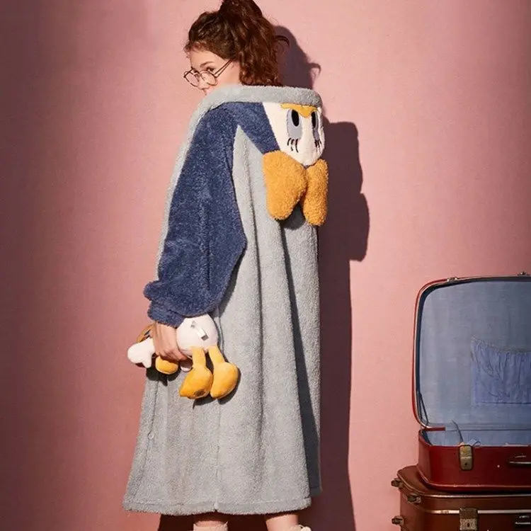 

Coral Cashmere Student Robe Pajamas Women Autumn Winter Long Cartoon Thickened Cashmere Lovely Nightdress Loose and Beautiful