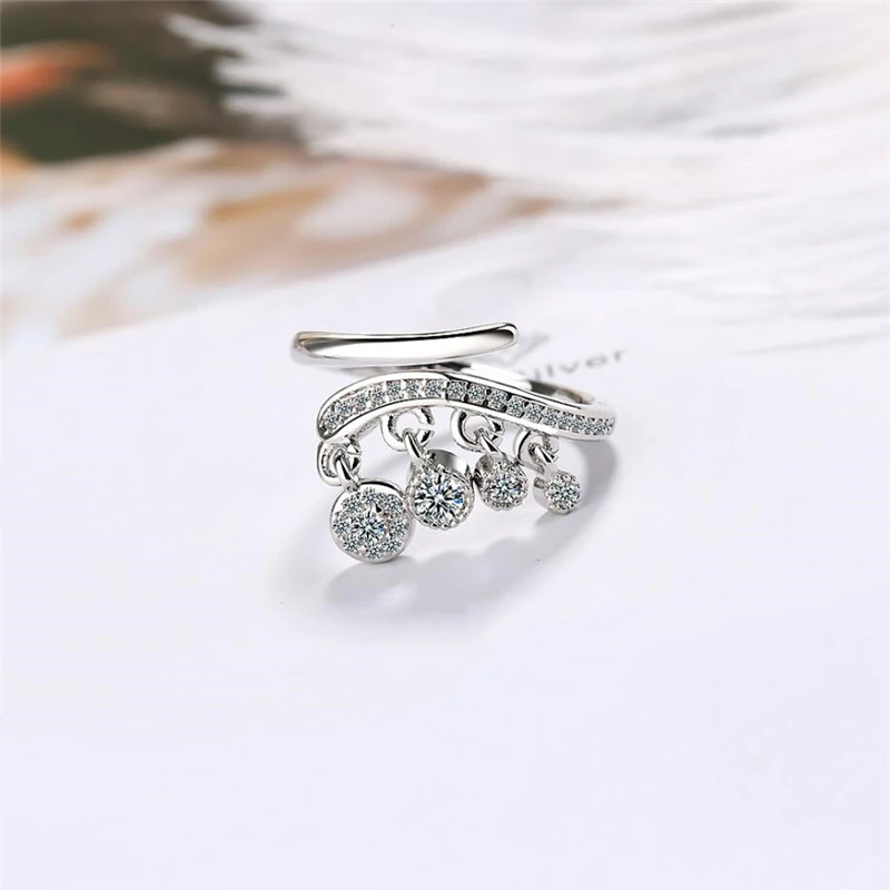 Модные женские кольца с цирконием и кисточками 925 пробы серебряные регулируемым