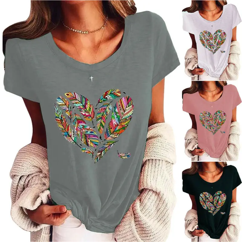 

Womens Summer Printed Casual Loose T-Shirt Ladies Crew Neck Short Sleeve Tee Top