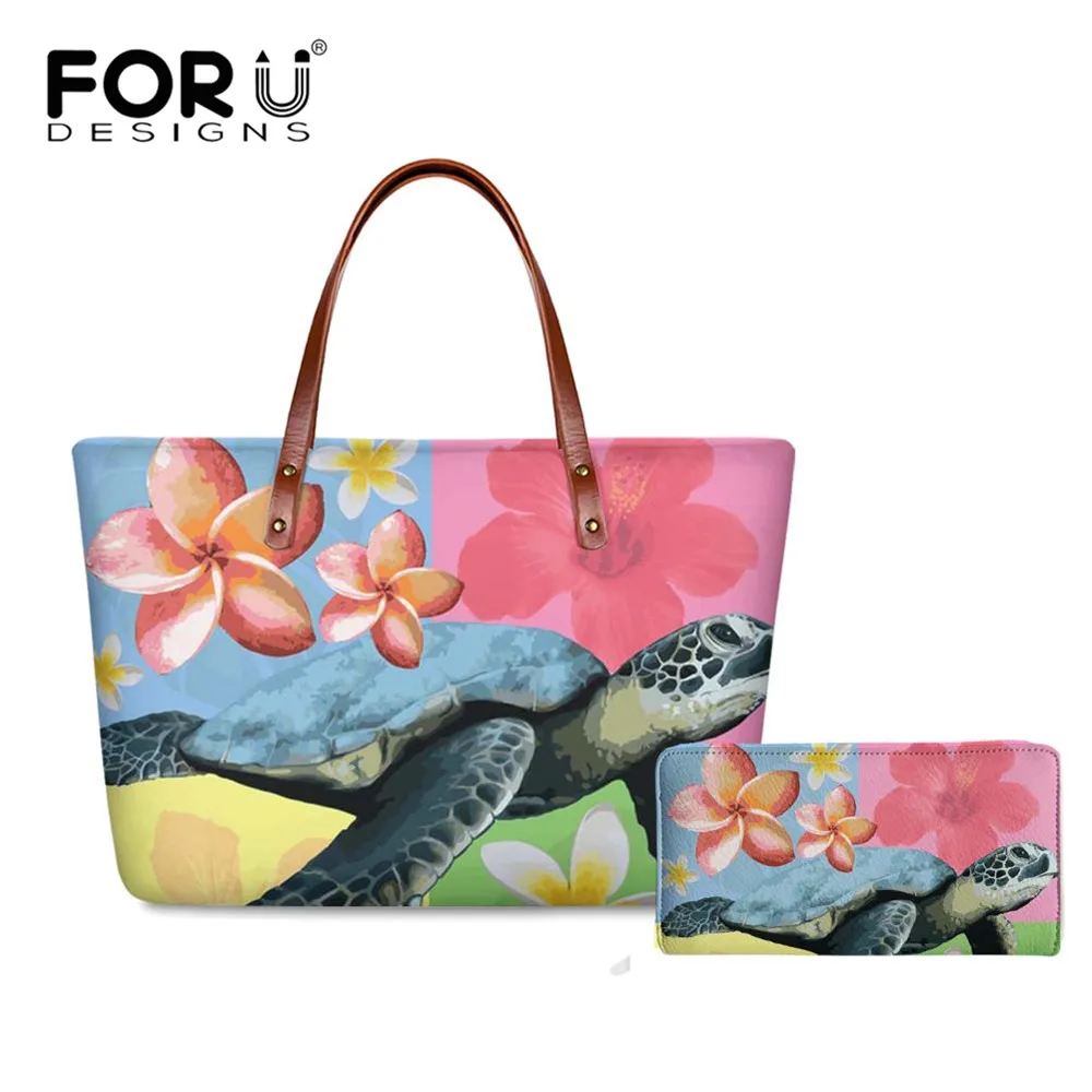 

FORUDESIGNS Plumeria with Sea Turtle Pattern Female Luxury Designer Handbag Fashion Casual Travel Messenger Bag 2Pcs for Ladies