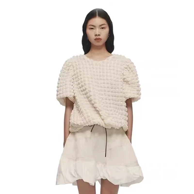 

New 21 chunxia stylist new style three-dimensional plaid puffy bubble sleeve solid color round collar lovely short sleeve woman