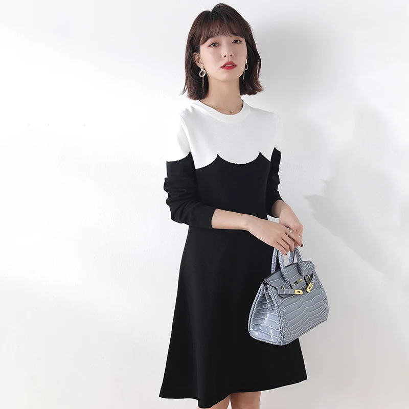 Женское трикотажное платье свитер с длинным рукавом круглым вырезом|Женские