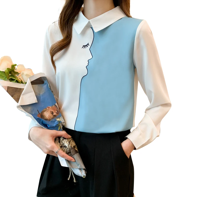 

Chiffon Loose Women's Shirts New Fashion Blouses Casual Long Sleeve Blusas Splicing Polo Collar Shirts Summer Houthion