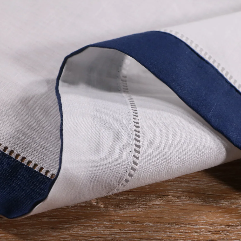 N037-DB-20: 12pieces White Hemstitch Dinner Napkins Dark Blue hem Ramie Cotton Blend Ladder table linen | Дом и сад