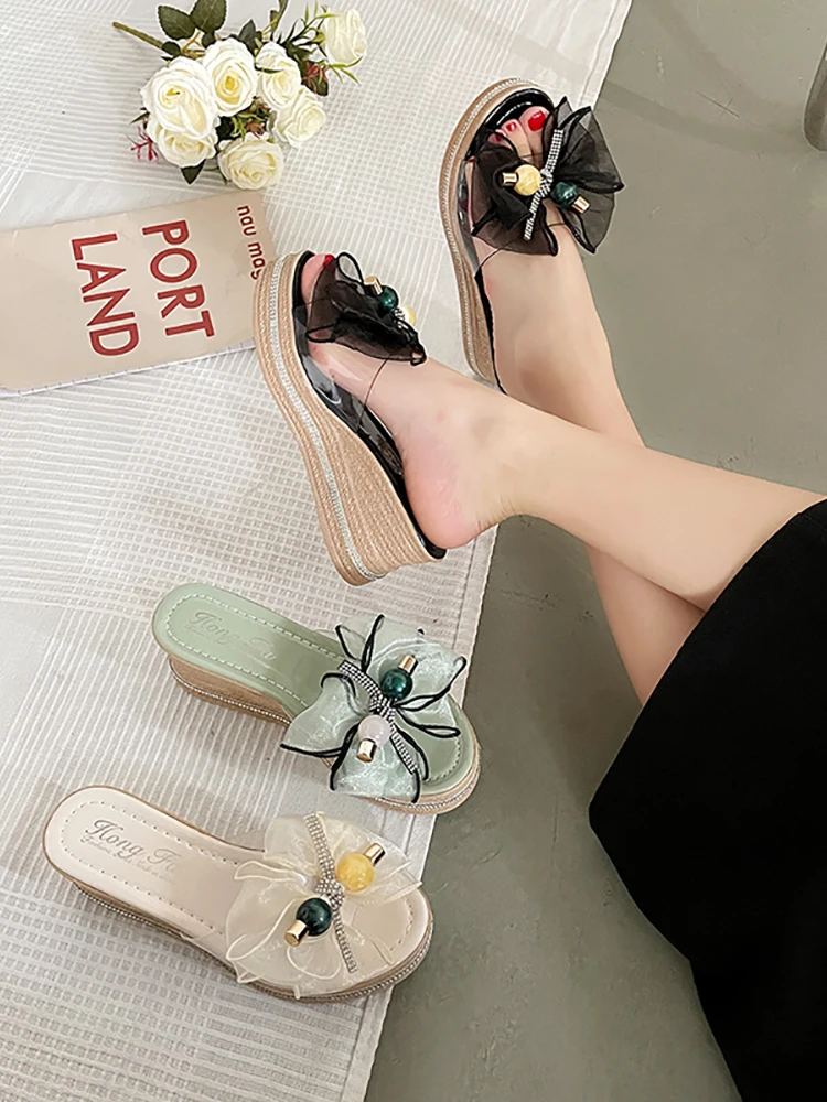 

Flat Shoes Female Slippers Women Summer Butterfly-Knot Platform Luxury Slides Pantofle Heeled Mules Designer Soft 2021 Massage