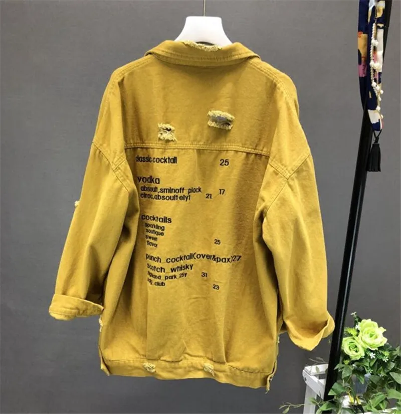 

Cotton Denim Jackets Letter Print Loose Hole Coat Black Streetwear Stretch Jeans Jacket Oversize Outerwear Tops Bomber Women1