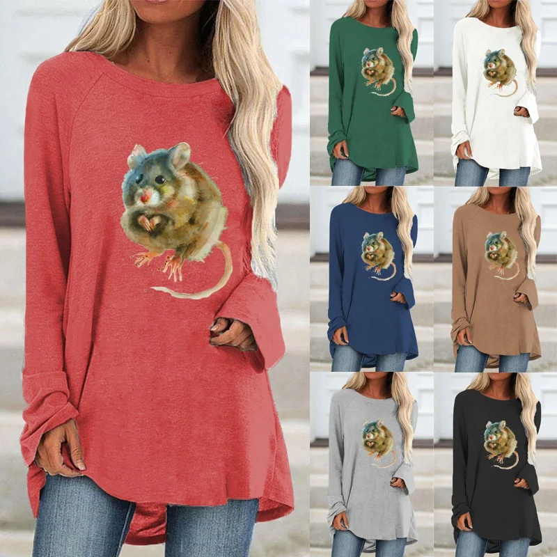 

Autumn Women Fashion Casual Round Neck Long Sleeved Printed Shirts & Tops Loose Ladies Graphic T-shirt Blouse Plus Size