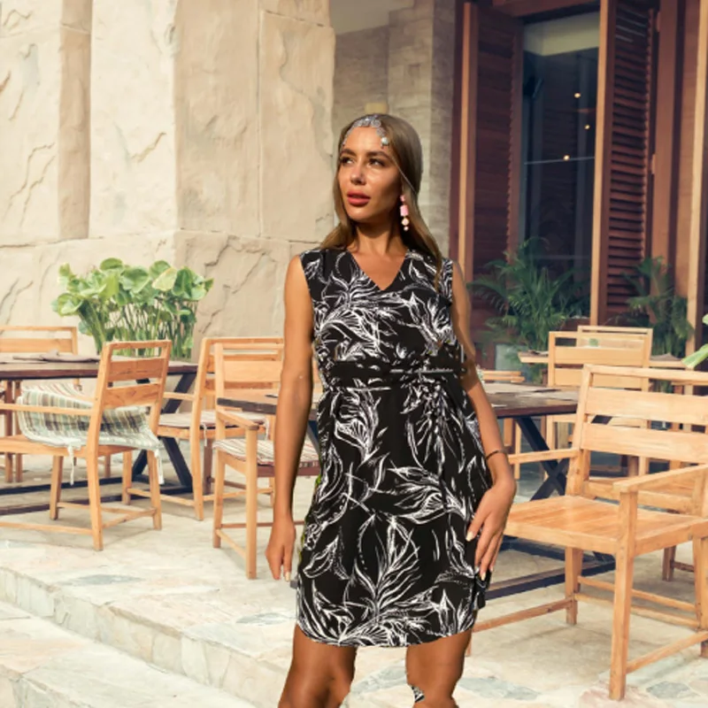 

Summer Dress women Plus size Bandage Sundress Printing Vintage Mini V-neck Dresses women Vestidos Fashion sleeveless onepiece
