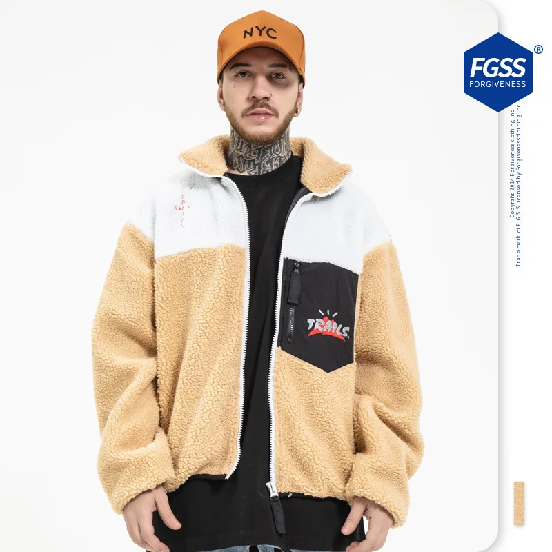 

2021 High Street Men Travis Scott Coat TS Lamb Velvet Stitching Stand-collar Jacket Mens Clothing Contrasting Color Block Zipper