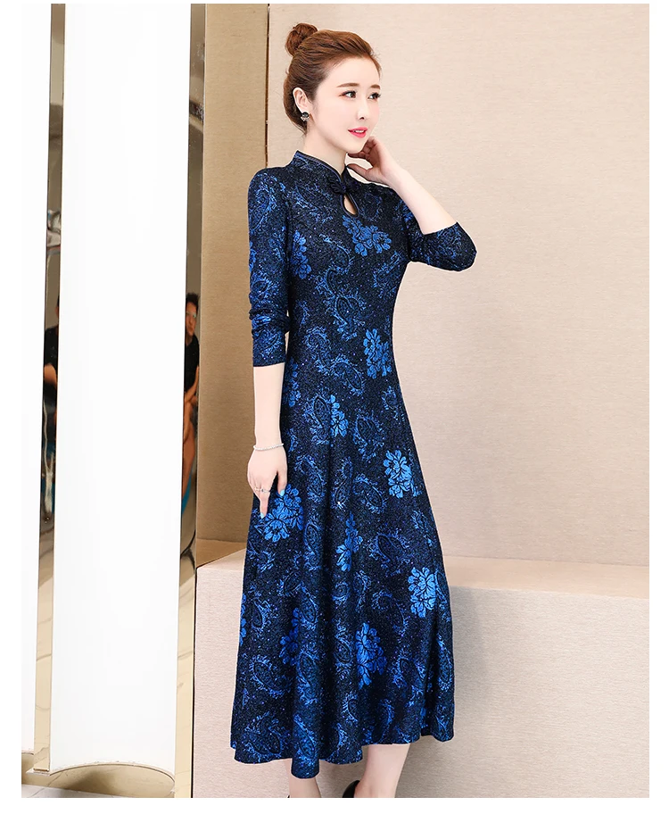 Осень Зима Новое поступление размера плюс M-3XL Ретро Cheongsam стоячий воротник жаккард длинный рукав женское длинное платье