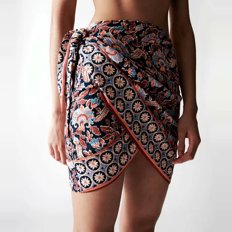 

2021 Women Boho Style Positioning Print Skirts Faldas Mujer Knot Decoration Female High Street Mini Skirt BB1529