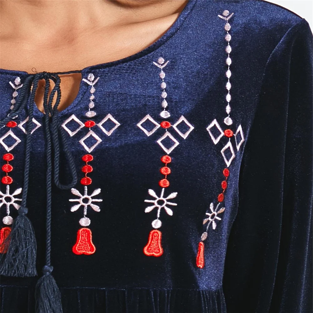 

Casual Muslim Fashion Long Dresses for Women Long Sleeves Embroidery Lace Round Neck Summer Clothing Wholesale Dropshipping