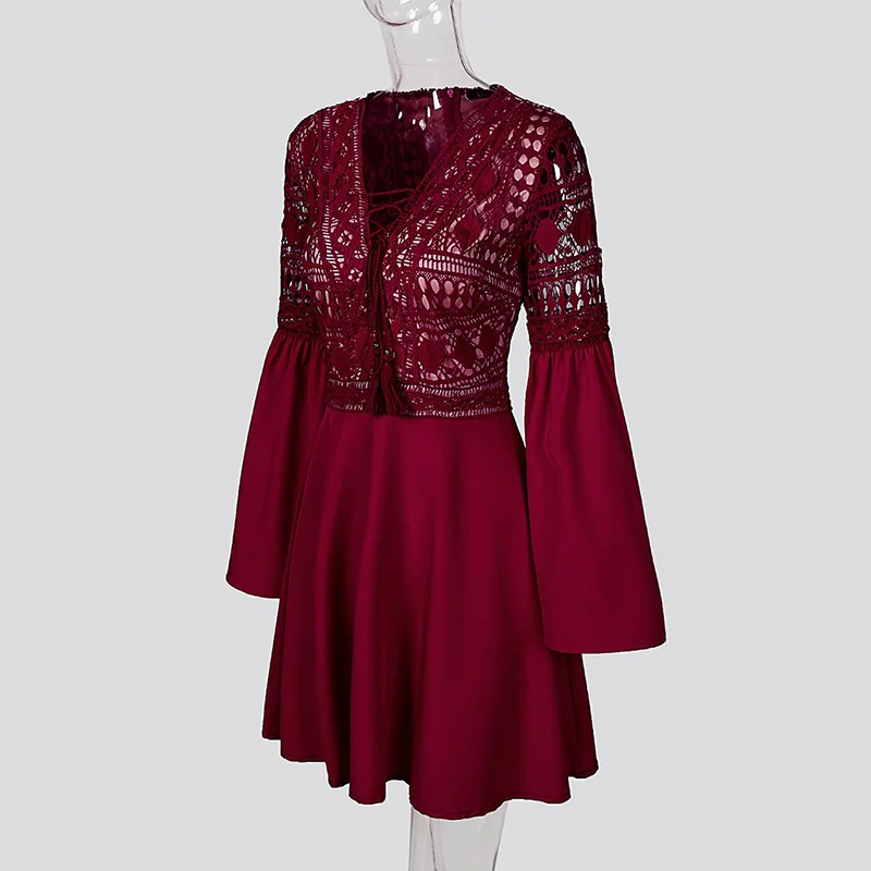 New Summer Fashion V-neck Ladies Dress Solid Lace Sexy Long-sleeved Women's A-line Skirt Retro Beach Sale | Женская одежда