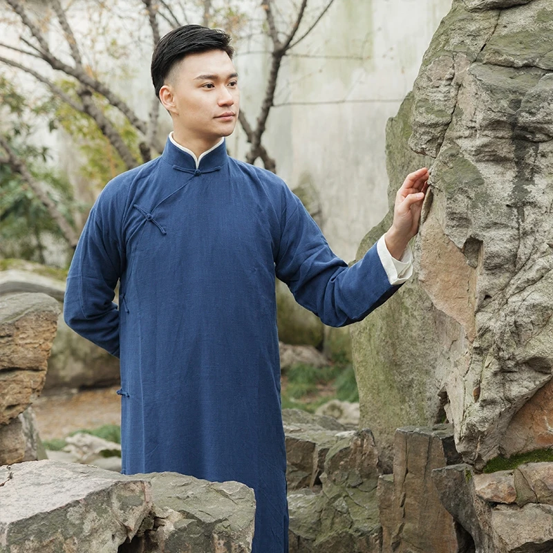 

Traditional Chinese blue clothing robe costume men's white cotton and linen gown Chinese performance costumes cross talk costume