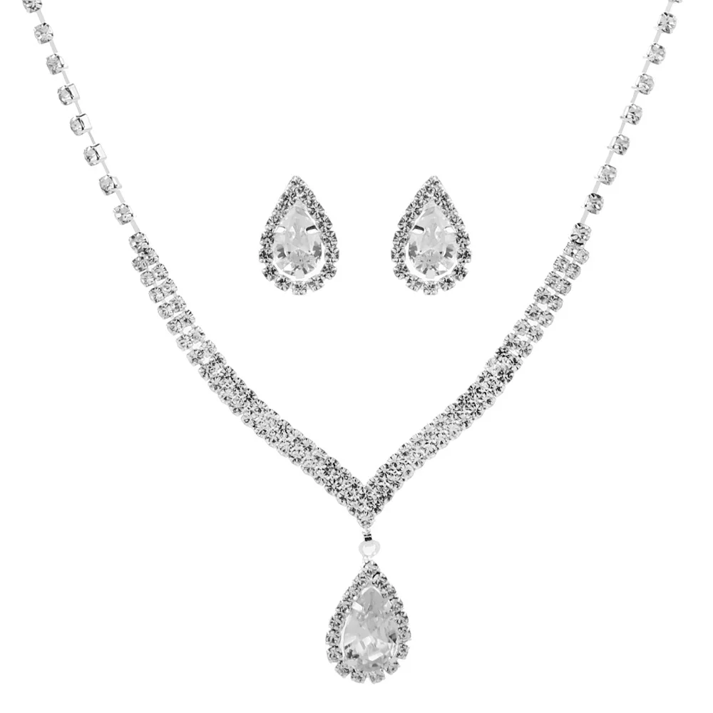 

CX15 Свадебные ювелирные изделия циркониевые капли воды для невесты набор из 2 частей посеребренное кристаллическое ожерелье серьги набор