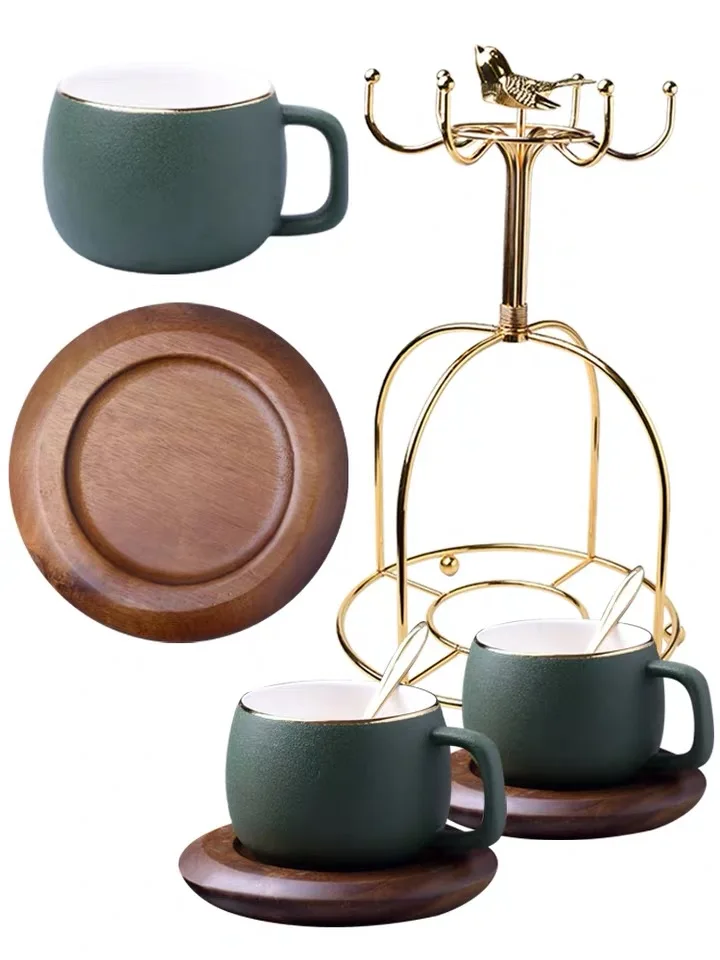

High End Matte Ceramic Gold Endge Coffee Tea Set With Stainless Holder European Luxury Afternoon Tea Cup Set